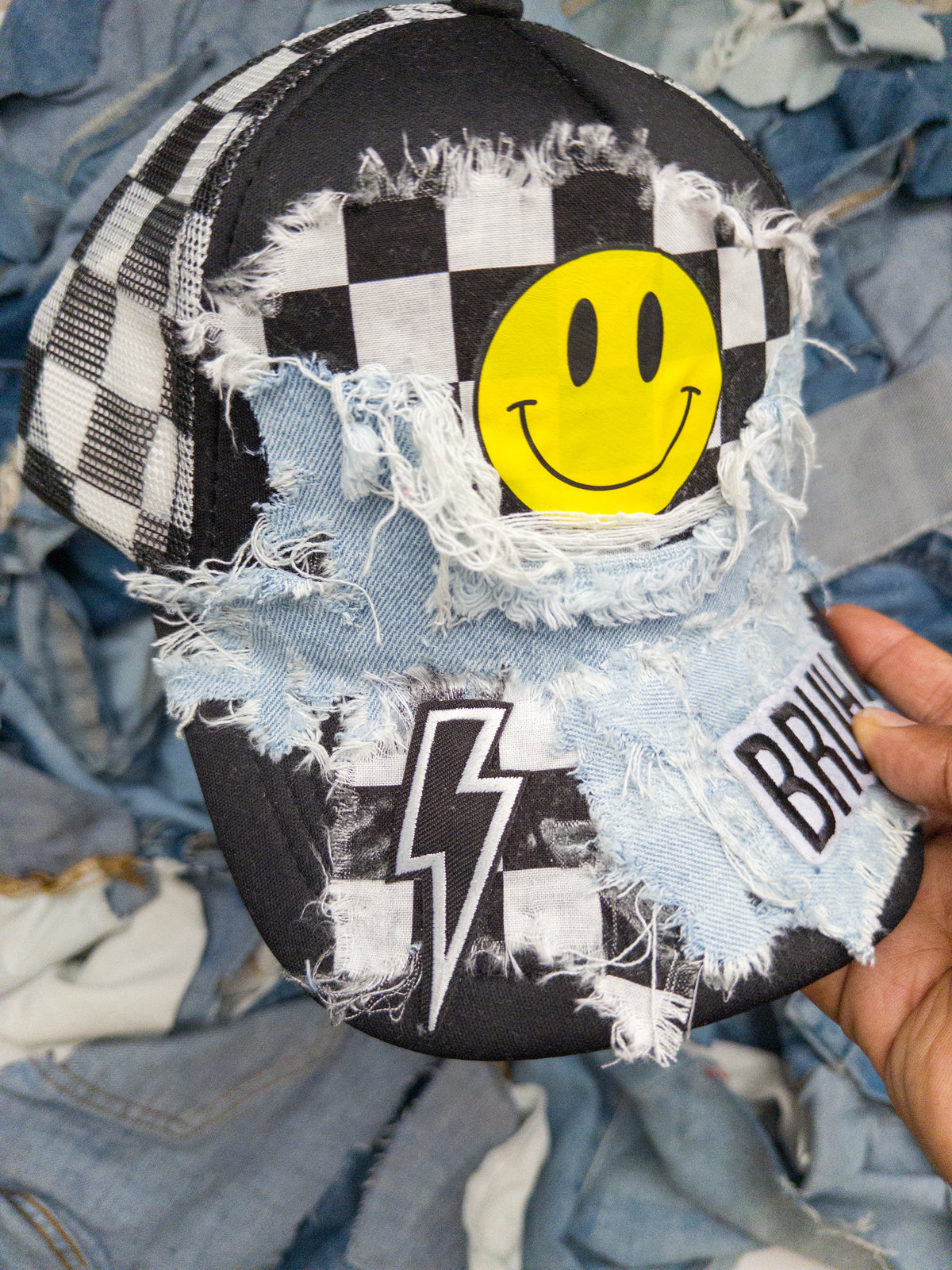 Smiley Face Denim Fusion Trucker Hat