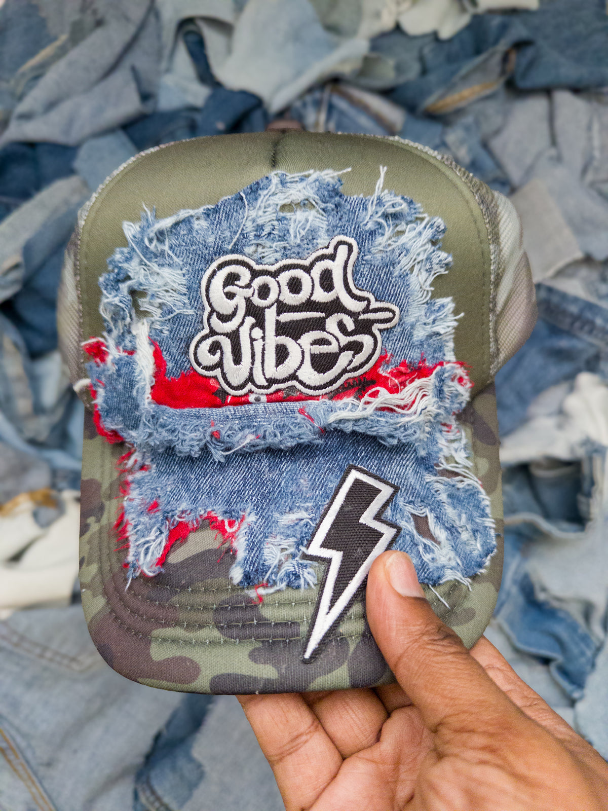 Good Vibes Denim Fusion Trucker Hat