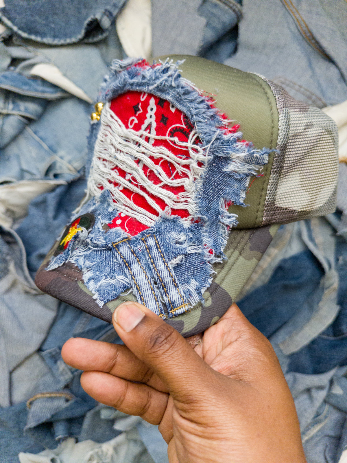 Distressed Red Denim Fusion Hat